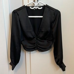Dynamite Satin Cropped Black Long Sleeve Top (Size XS)